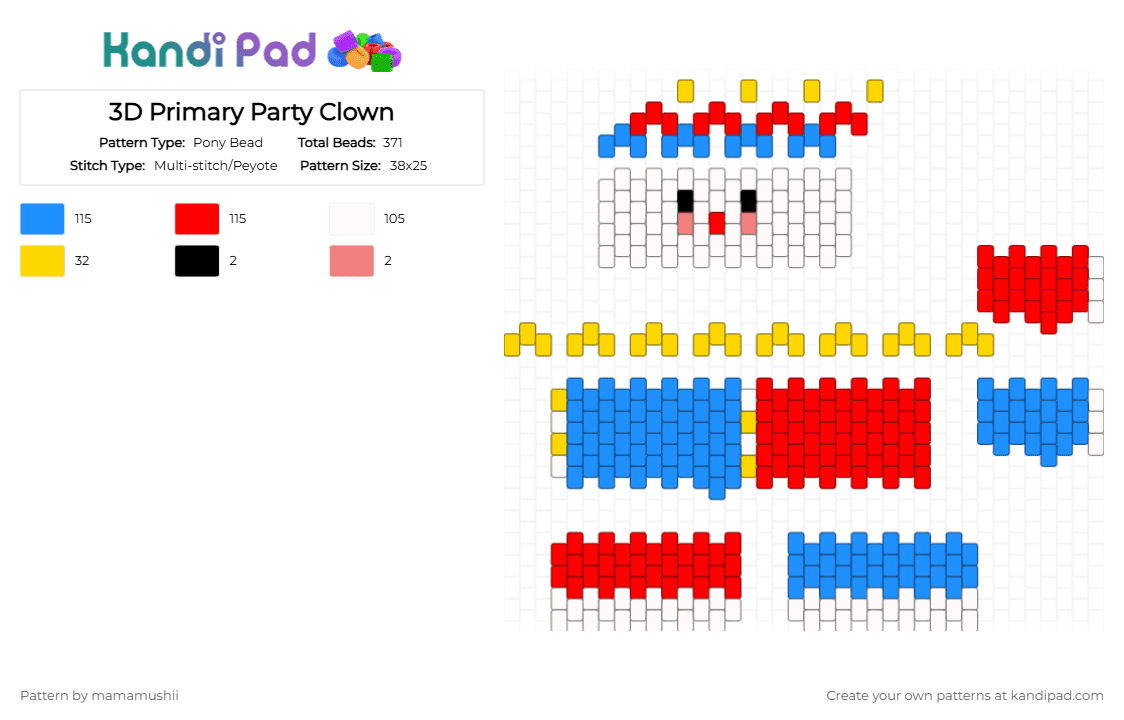 3D Primary Party Clown - Pony Bead Pattern by mamamushii on Kandi Pad - clown, light blue, red