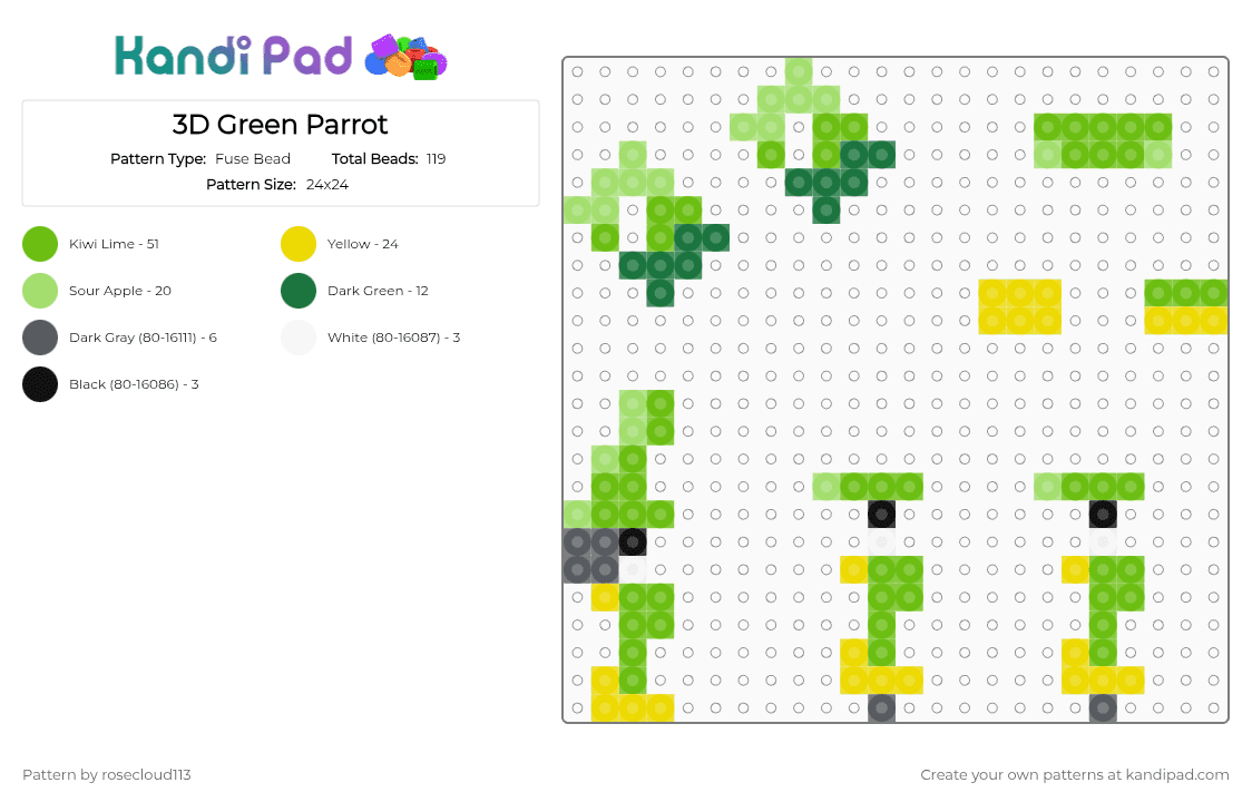 3D Green Parrot - Fuse Bead Pattern by rosecloud113 on Kandi Pad - green