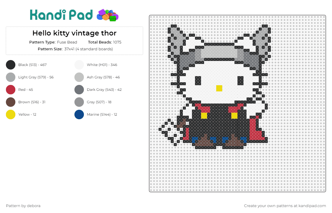 Hello kitty vintage thor - Fuse Bead Pattern by debora on Kandi Pad - hello kitty,thor,costume,sanrio,halloween,character,marvel,hero,cute,mashup,white,black