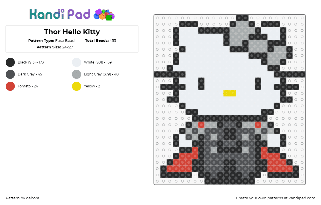 Thor Hello Kitty - Fuse Bead Pattern by debora on Kandi Pad - hello kitty,thor,costume,sanrio,marvel,cape,white,gray