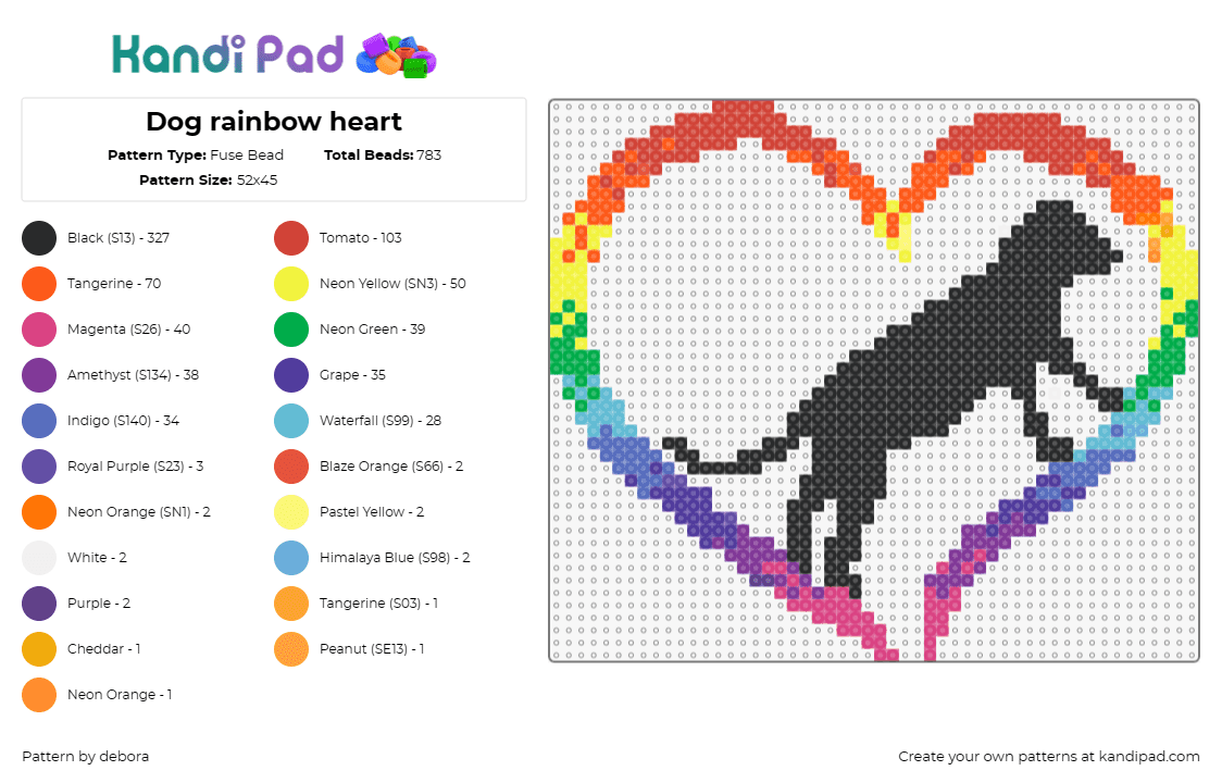 Dog rainbow heart - Fuse Bead Pattern by debora on Kandi Pad - dog,heart,rainbow,love,pet,black