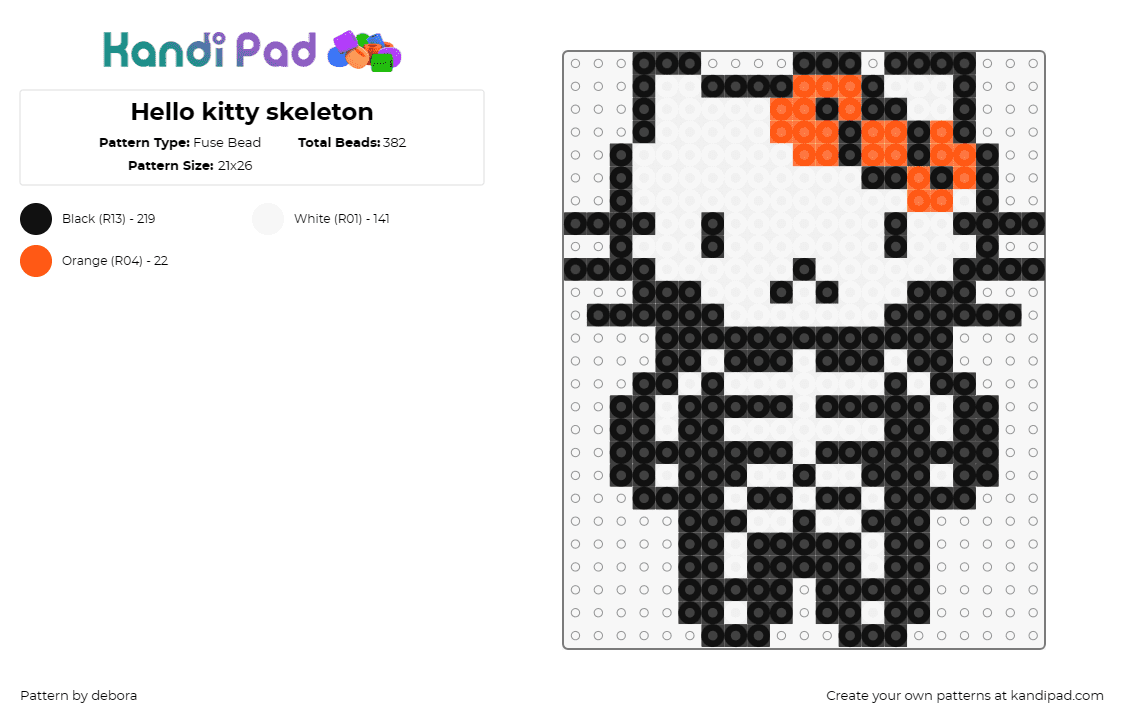 Hello kitty skeleton - Fuse Bead Pattern by debora on Kandi Pad - hello kitty,skeleton,sanrio,character,spooky,costume,halloween,bow,white,black,o