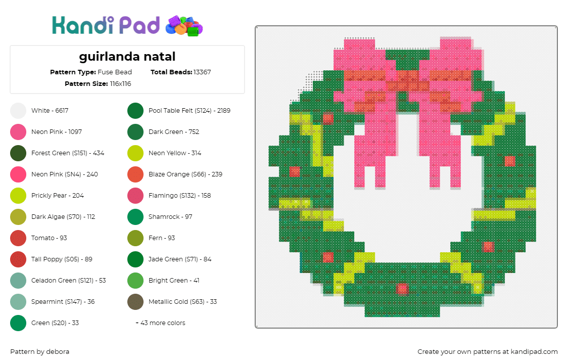 guirlanda natal - Fuse Bead Pattern by debora on Kandi Pad - wreath,bow,festive,christmas,holiday,garland,green,pink