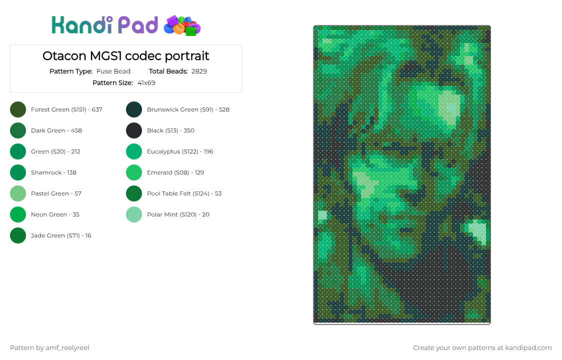 Otacon MGS1 codec portrait - Fuse Bead Pattern by amf_reelyreel on Kandi Pad - green,gold,metal gear solid,portrait
