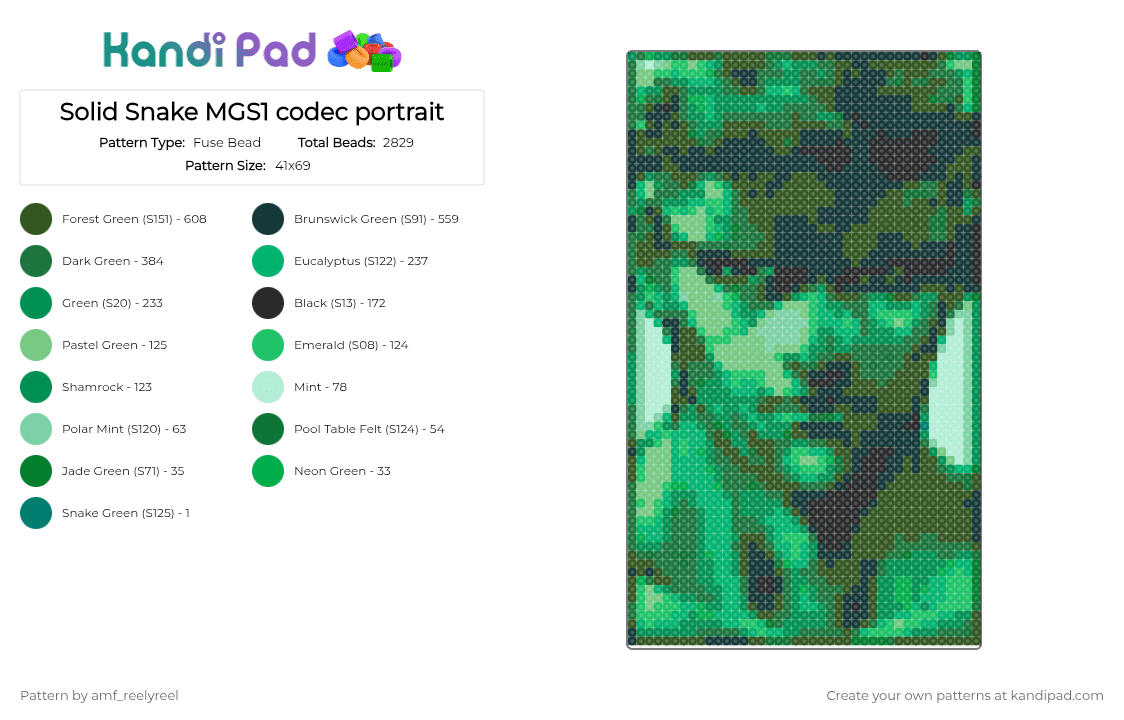 Solid Snake MGS1 codec portrait 2 - Fuse Bead Pattern by amf_reelyreel on Kandi Pad - green,gold,metal gear solid,snake,portrait