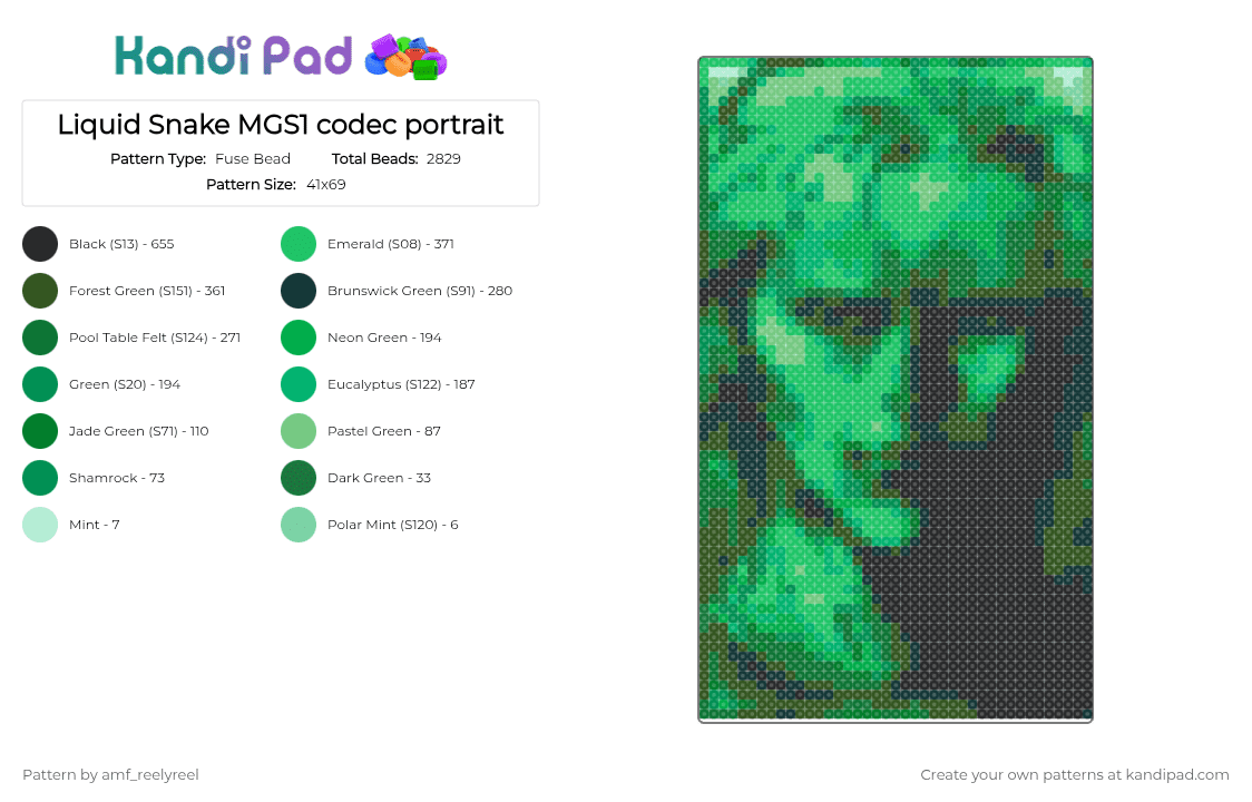 Liquid Snake MGS1 codec portrait - Fuse Bead Pattern by amf_reelyreel on Kandi Pad - green,metal gear solid,portrait