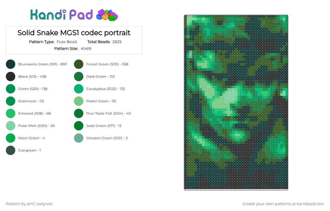 Solid Snake MGS1 codec portrait - Fuse Bead Pattern by amf_reelyreel on Kandi Pad - green,metal gear solid,portrait