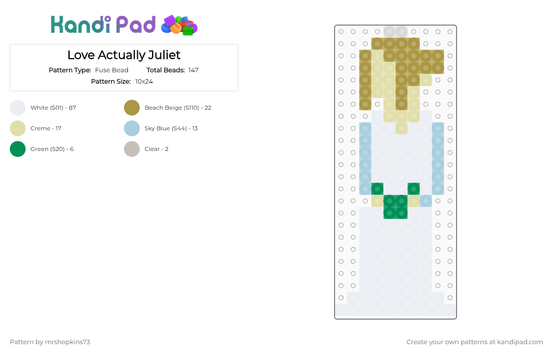 Love Actually Juliet - Fuse Bead Pattern by mrshopkins73 on Kandi Pad - white,gold,yellow,light blue