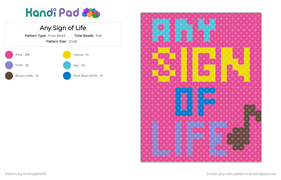 Any Sign of Life - Fuse Bead Pattern by mrshopkins73 on Kandi Pad - pink
