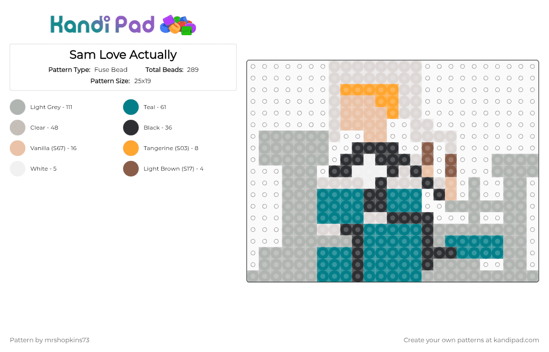 Sam Love Actually - Fuse Bead Pattern by mrshopkins73 on Kandi Pad - beige,teal,cotdrhythm