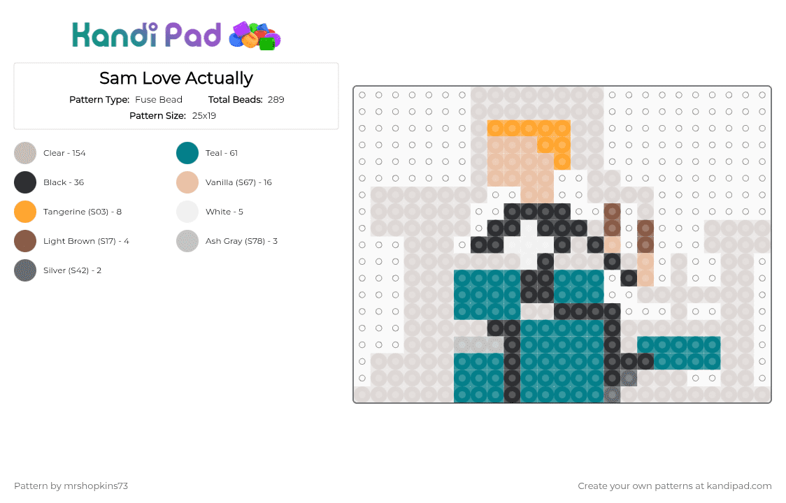 Sam Love Actually - Fuse Bead Pattern by mrshopkins73 on Kandi Pad - beige,teal