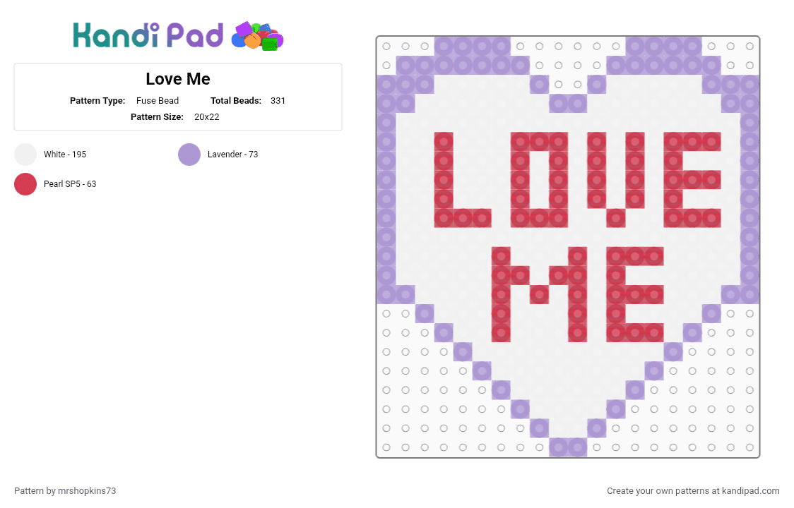 Love Me - Fuse Bead Pattern by mrshopkins73 on Kandi Pad - white,pink,red
