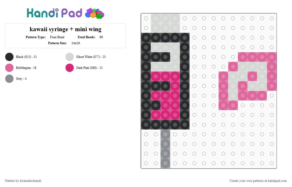 kawaii syringe + mini wing - Fuse Bead Pattern by kiramakeskandi on Kandi Pad - pink