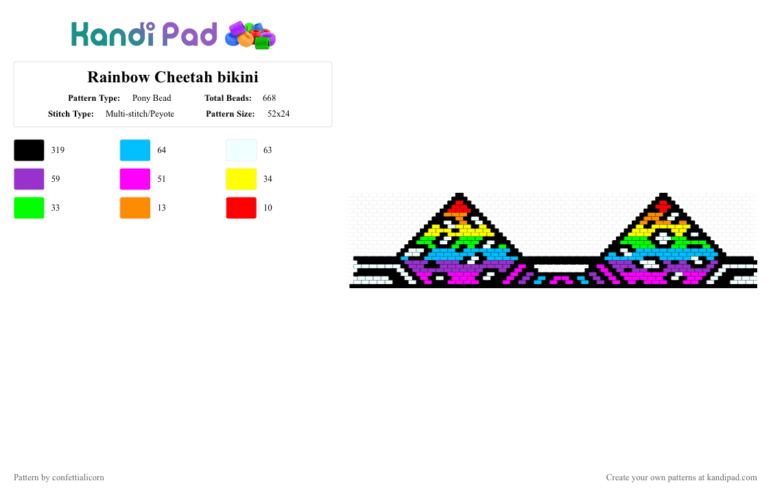 Rainbow Cheetah bikini - Pony Bead Pattern by confettialicorn on Kandi Pad - black,light blue,purple,pink,colorful