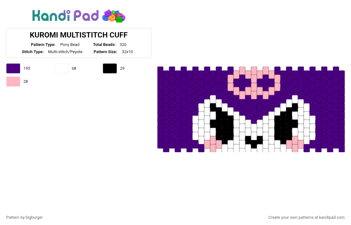 KUROMI MULTISTITCH CUFF - Pony Bead Pattern by bigburger on Kandi Pad - purple