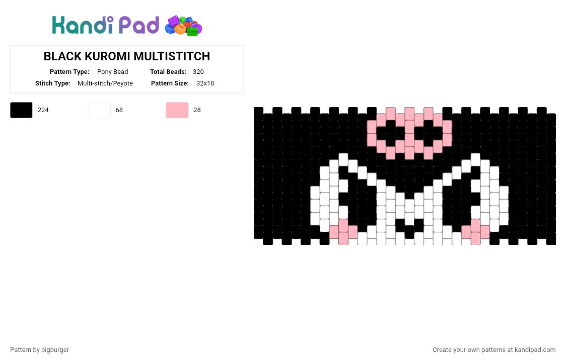 BLACK KUROMI MULTISTITCH - Pony Bead Pattern by bigburger on Kandi Pad - black,pink,white