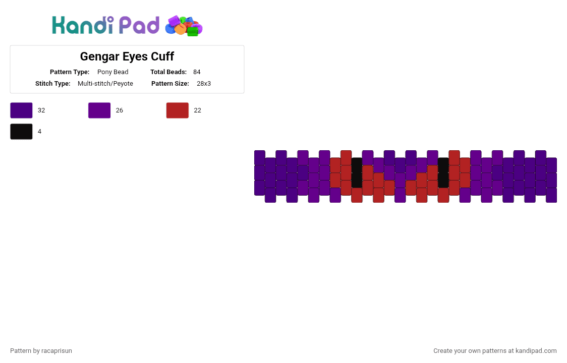 Gengar Eyes Cuff - Pony Bead Pattern by racaprisun on Kandi Pad - eyes, gengar, ghost, pokemon, purple, red