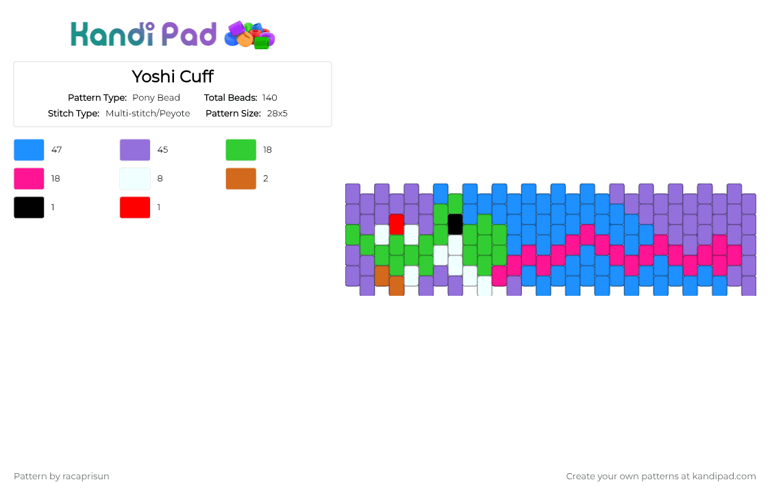 Yoshi Cuff - Pony Bead Pattern by racaprisun on Kandi Pad - light blue, mario, nintendo, purple, super mario, yoshi