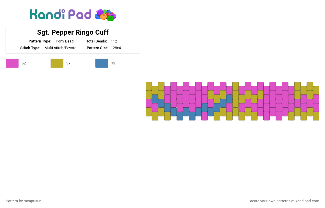 Sgt. Pepper Ringo Cuff - Pony Bead Pattern by racaprisun on Kandi Pad - beatles, pink, ringo starr, sgt pepper, the beatles, yellow