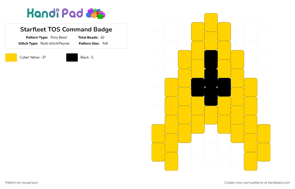 Starfleet TOS Command Badge - Pony Bead Pattern by racaprisun on Kandi Pad - captain kirk, charm, scifi, star trek, the original series, tos, yellow