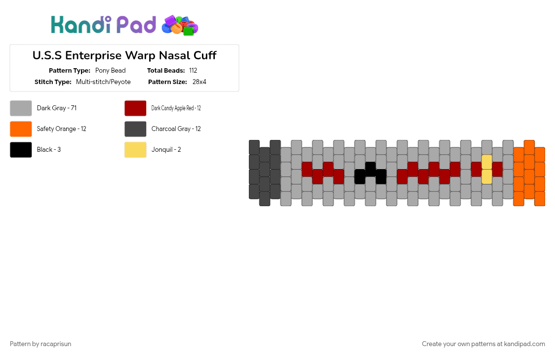 U.S.S Enterprise Warp Nasal Cuff - Pony Bead Pattern by racaprisun on Kandi Pad - beige, captain kirk, grey, scifi, space, star trek, star trek tos, starship, uss enterprise