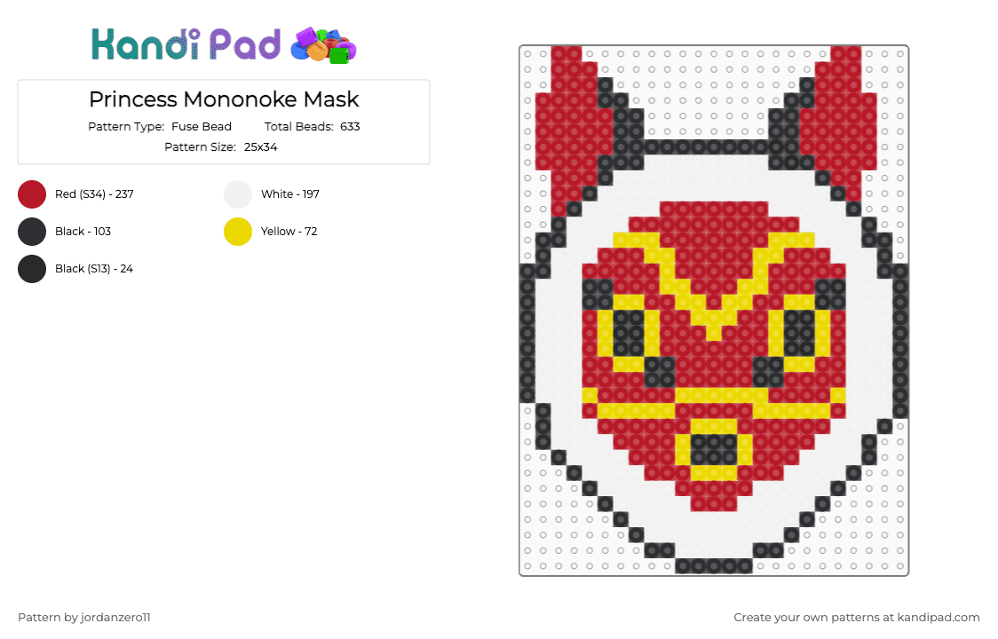 Princess Mononoke Mask - Fuse Bead Pattern by jordanzero11 on Kandi Pad - red