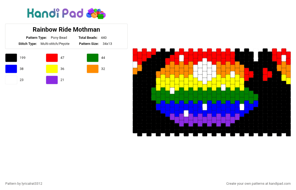 Rainbow Pride Mothman - Pony Bead Pattern by lyricalrat3312 on Kandi Pad - black, green, purple, red