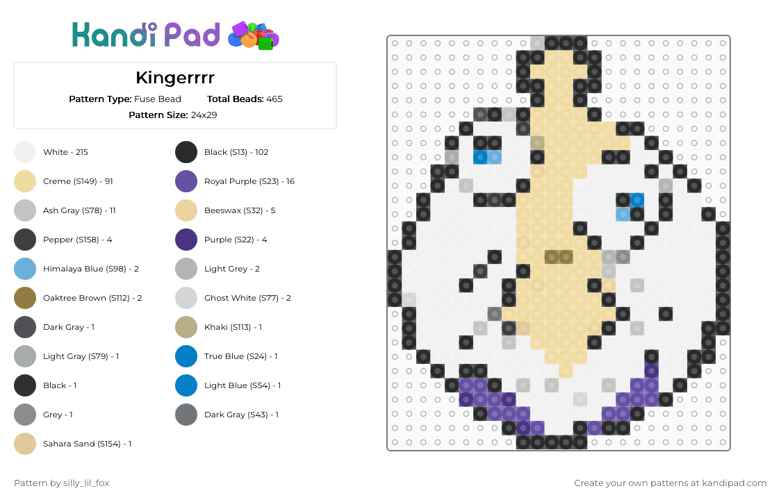 Kingerrrr - Fuse Bead Pattern by g00fy_f0x_1s_c00l on Kandi Pad - white,beige,kinger,tadc