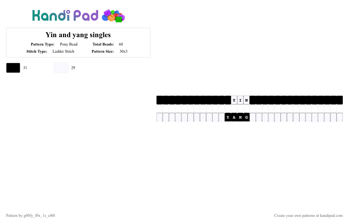 Yin and yang singles - Pony Bead Pattern by g00fy_f0x_1s_c00l on Kandi Pad - black, singles, white, yang, yin