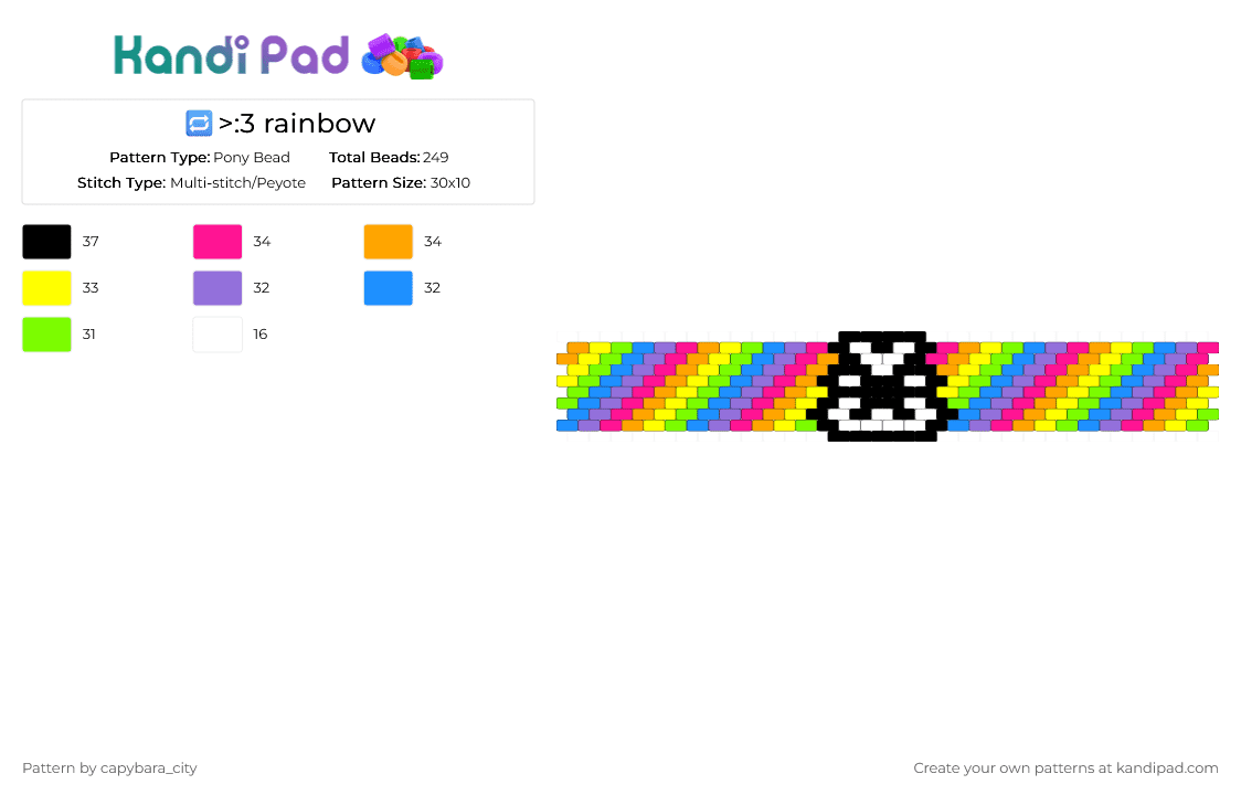 🔁>:3 rainbow - Pony Bead Pattern by capybara_city on Kandi Pad - pink,yellow,light blue,colorful