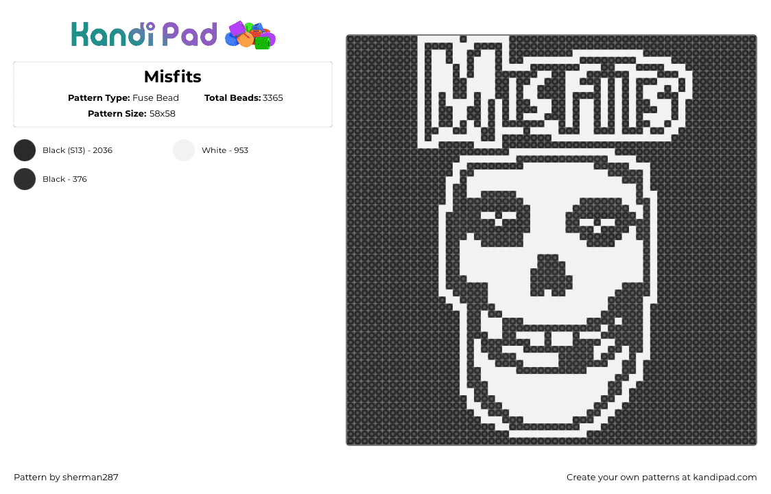 Misfits - Fuse Bead Pattern by sherman287 on Kandi Pad - misfits,logo,punk,music,band,skull,black,white