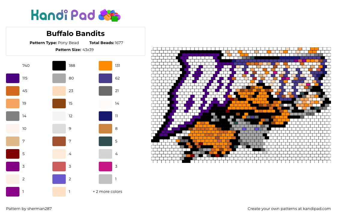 Buffalo Bandits - Pony Bead Pattern by sherman287 on Kandi Pad - bandits,lacrosse,buffalo,sports,team,logo,orange,purple