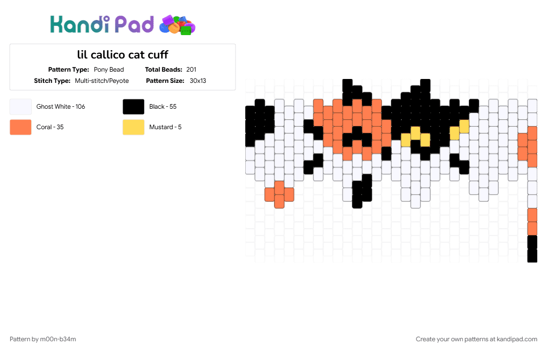 lil callico cat cuff - Pony Bead Pattern by m00n-b34m on Kandi Pad - calico, calico cat, cat, cuff, kitty, lil, orange, silly, white