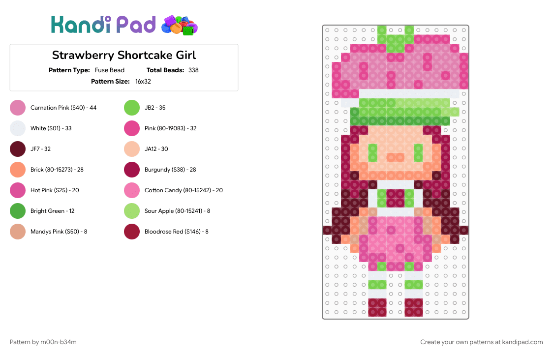 Strawberry Shortcake Girl - Fuse Bead Pattern by m00n-b34m on Kandi Pad - cartoon, cute, girl, green, nostalgic, pink, shortcake, strawberry, strawberry shortcake