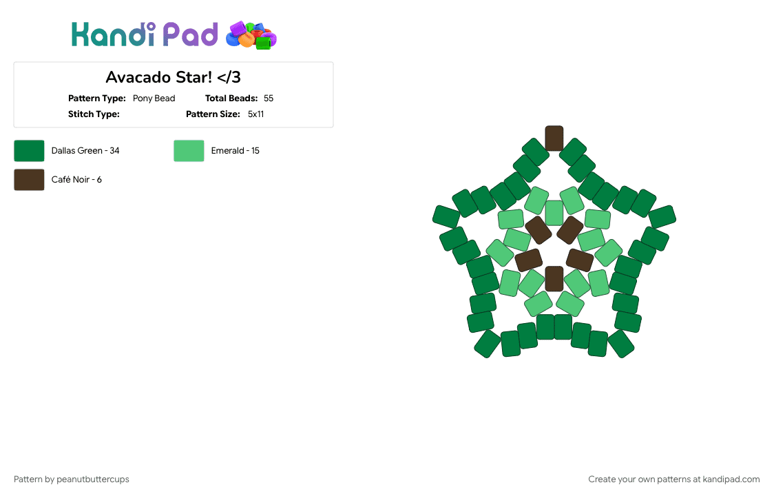 Avacado Star! - Pony Bead Pattern by peanutbuttercups on Kandi Pad - avacado, green, idkwhattoputhere, star
