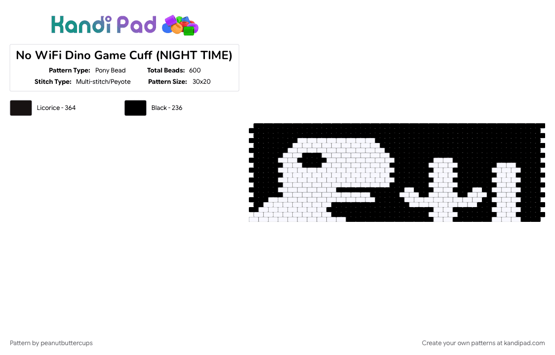 No WiFi Dino Game Cuff (NIGHT TIME) - Pony Bead Pattern by peanutbuttercups on Kandi Pad - black, cactus, dino, game, google, nowifi, reverse, white, wifi