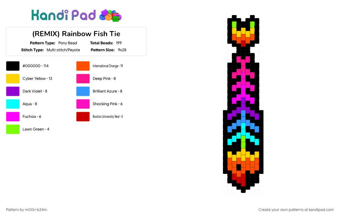 (REMIX) Rainbow Fish Tie - Pony Bead Pattern by m00n-b34m on Kandi Pad - black, bone, colorful, fish, fish tie, fishbone, kandi, light blue, orange, pink, rainbow, remix, tie