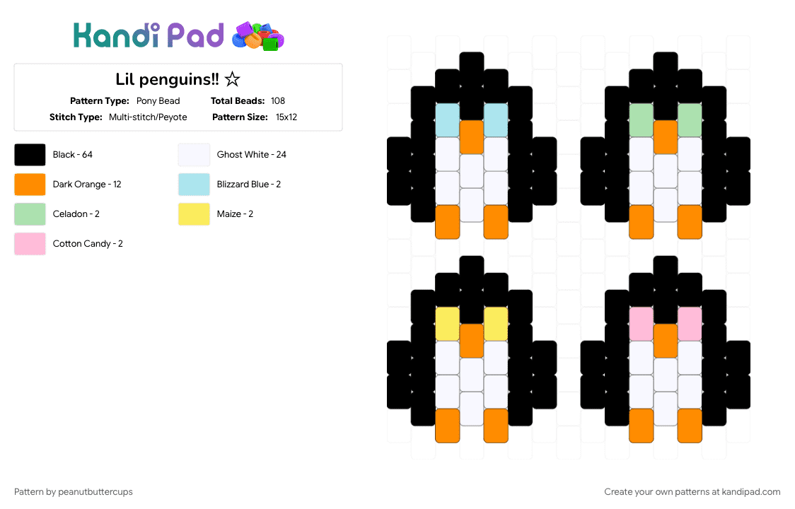 Lil penguins!! ☆ - Pony Bead Pattern by peanutbuttercups on Kandi Pad - black, figure, idk, mini, orange, penguin, penguins, white