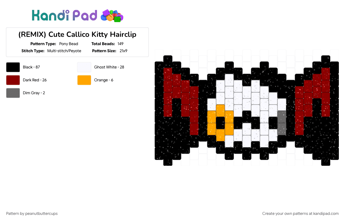 (REMIX) Cute Callico Kitty Hairclip - Pony Bead Pattern by peanutbuttercups on Kandi Pad - black, callico, cute, hairclip, kitty, red