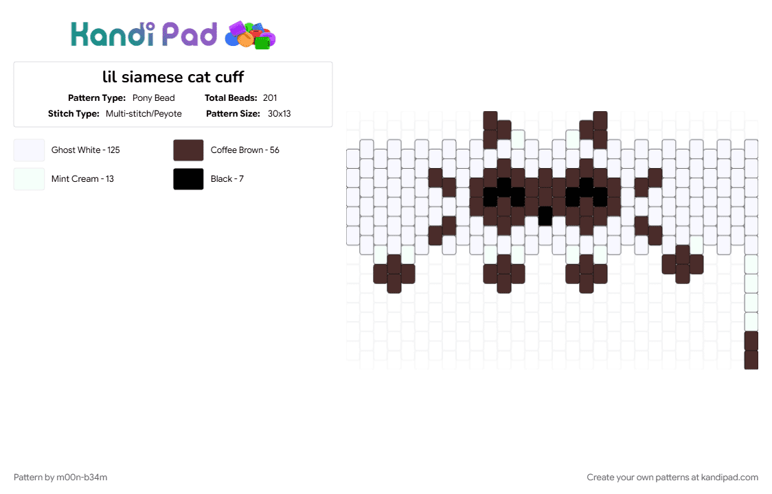 lil siamese cat cuff - Pony Bead Pattern by m00n-b34m on Kandi Pad - brown, cat, cuff, kitty, lil, siamese, siamese cat, silly, white