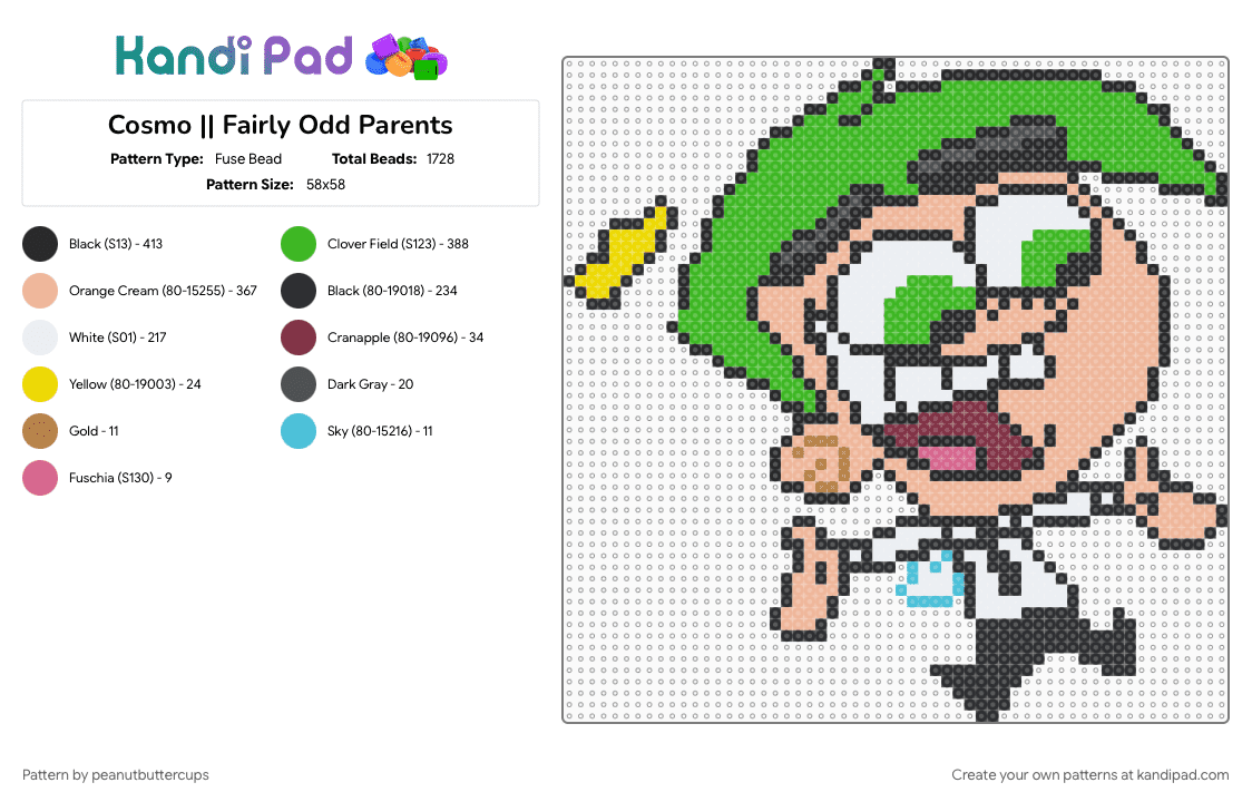 Cosmo || Fairly Odd Parents - Fuse Bead Pattern by peanutbuttercups on Kandi Pad - beige, cartoon, cosmo, fairly odd parents, fairy, green, tv