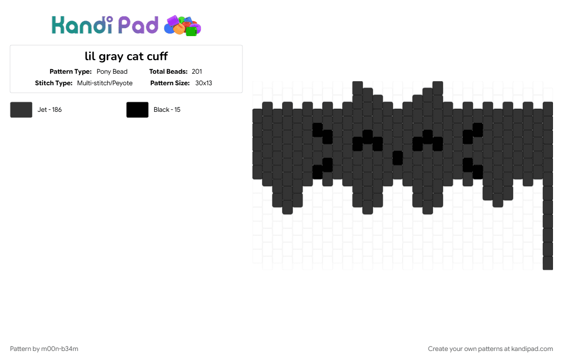 lil gray cat cuff - Pony Bead Pattern by m00n-b34m on Kandi Pad - black, cat, cuff, gray cat, kitty, lil, silly