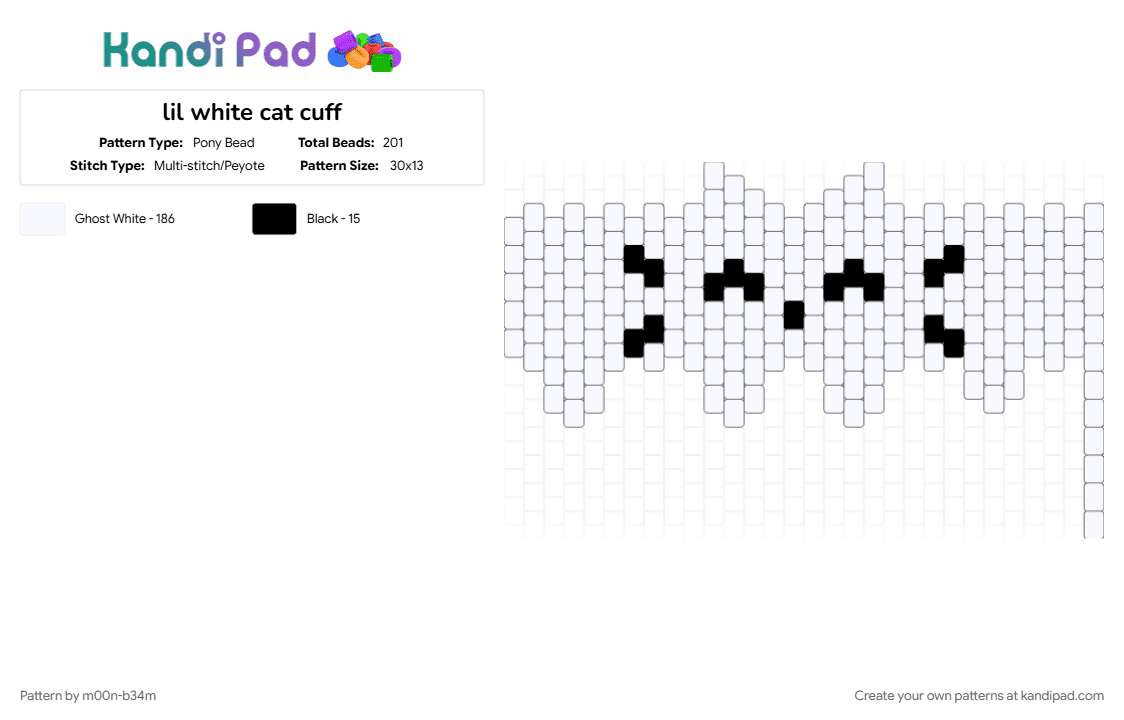lil white cat cuff - Pony Bead Pattern by m00n-b34m on Kandi Pad - cat, cuff, kitty, lil, silly, white, white cat