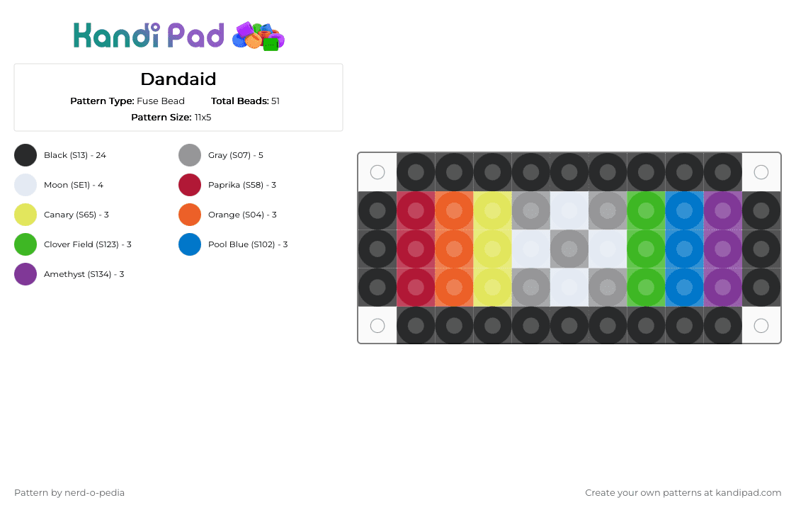 Dandaid - Fuse Bead Pattern by nerd-o-pedia on Kandi Pad - black,gray,yellow,green,pink,colorful,dandysworld,dandaid,bandage,rainbow