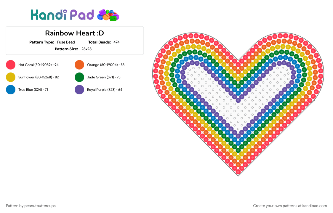 Rainbow Heart :D - Fuse Bead Pattern by m00n-b34m on Kandi Pad - green, heart, idkwhattoputhere, orange, rainbow, red, yellow