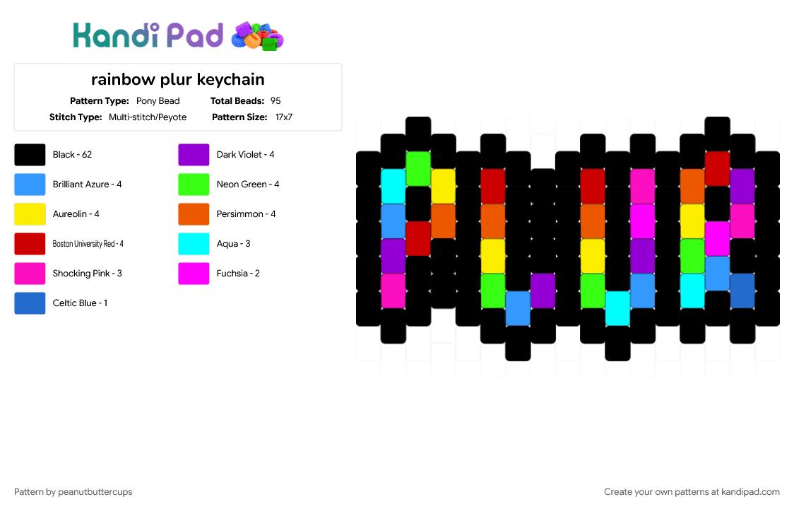 rainbow plur keychain - Pony Bead Pattern by peanutbuttercups on Kandi Pad - black, colorful, green, keychain, light blue, mini, orange, pink, plur, rainbow