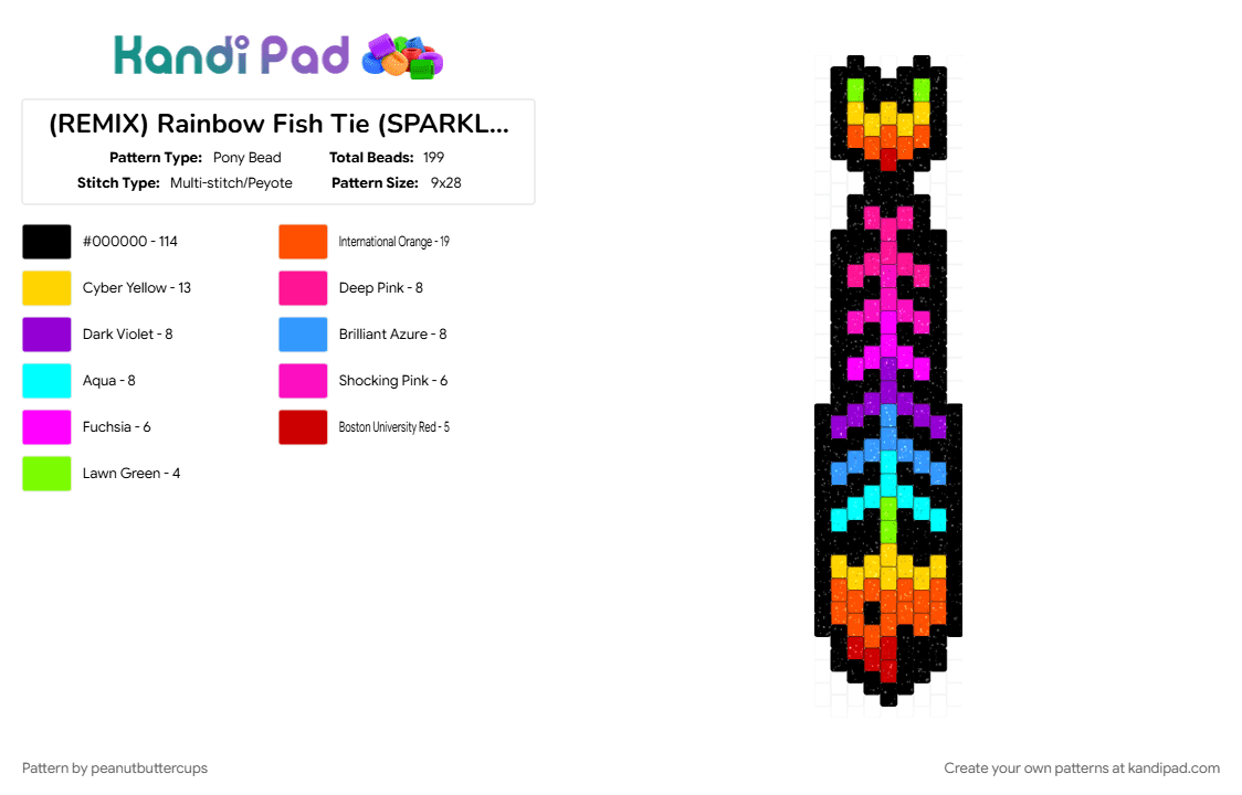 (REMIX) Rainbow Fish Tie (SPARKLY VERSION) - Pony Bead Pattern by m00n-b34m on Kandi Pad - black, bone, colorful, fish, fish tie, fishbone, kandi, light blue, orange, pink, rainbow, remix, tie