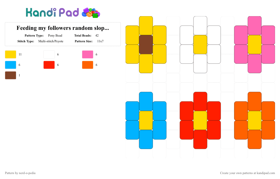 Feeding my followers random slop PT Flowers - Pony Bead Pattern by nerd-o-pedia on Kandi Pad - yellow,light blue,orange,colorful,flower,flowers,slop,idk