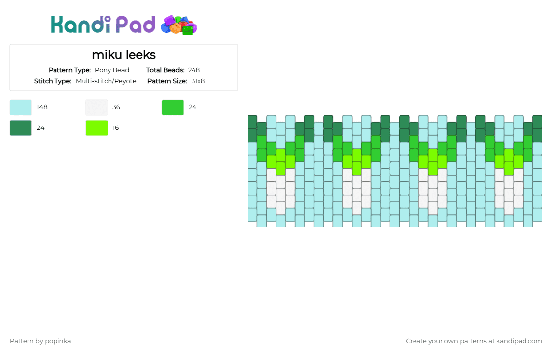 miku leeks - Pony Bead Pattern by popinka on Kandi Pad - light blue,green,miku,leek,snowmiku,hatsunemikuleek,hatsune,hatsunemiku,cuff