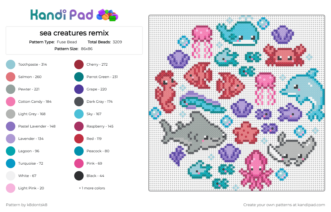 sea creatures remix - Fuse Bead Pattern by k8dontsk8 on Kandi Pad - colorful, gray, red, teal